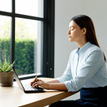 A serene professional woman in a modest business casual outfit, sitting in a modern, sunlit study with a large window overlooking a peaceful garden. She has her eyes gently closed, a calm expression on her face, in a natural pose, indicating deep contemplation and self-reflection. A single potted plant sits on a minimalist desk beside her, adding a touch of nature. The scene conveys inner peace and clarity. safe for work, appropriate content, fully clothed, professional, perfect anatomy, correct proportions, well-formed hands, proper finger count, natural body proportions, high-quality, professional photography.