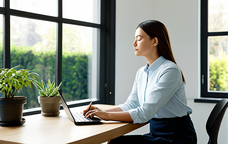 A serene professional woman in a modest business casual outfit, sitting in a modern, sunlit study with a large window overlooking a peaceful garden. She has her eyes gently closed, a calm expression on her face, in a natural pose, indicating deep contemplation and self-reflection. A single potted plant sits on a minimalist desk beside her, adding a touch of nature. The scene conveys inner peace and clarity. safe for work, appropriate content, fully clothed, professional, perfect anatomy, correct proportions, well-formed hands, proper finger count, natural body proportions, high-quality, professional photography.