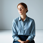 A professional adult individual, fully clothed in a modest, contemporary business-casual outfit, is seated in a tranquil, softly lit minimalist room. The person is in a contemplative, natural pose, with eyes gently closed, a serene expression indicating deep introspection. Subtle, abstract light formations and soft, flowing lines subtly surround their head, metaphorically representing the complex internal voices and emotions being processed. The background is clean and uncluttered, emphasizing clarity and focus on the inner world. Perfect anatomy, correct proportions, well-formed hands, proper finger count, natural body proportions. This is a professional studio photograph, high quality, safe for work, appropriate content, fully clothed, family-friendly.