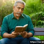 내적 충돌의 심리적 요인 분석하기 - A thoughtful middle-aged Hispanic man sitting peacefully on a park bench during golden hour, surroun...