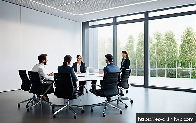 내적 충돌 해결을 위한 중재 기법 - A modern corporate meeting room with diverse professionals engaged in active listening during a team...