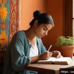 내적 갈등 해소를 위한 대화의 기술 - A serene, cozy room bathed in warm natural light where a young Hispanic woman in casual, modest clot...